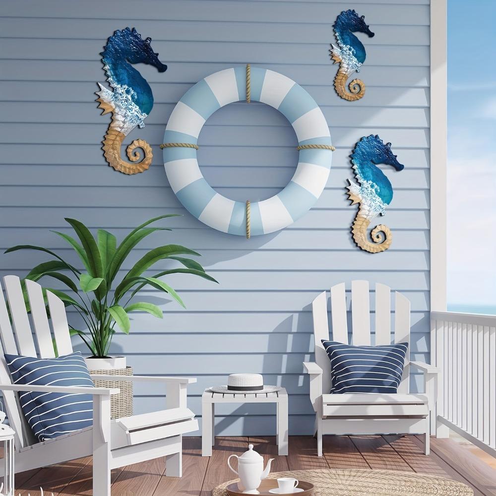 3pcs Wooden Seahorse Signs Pendant Hand Carved Ocean Animal Decoration For Living Room Bedroom Home