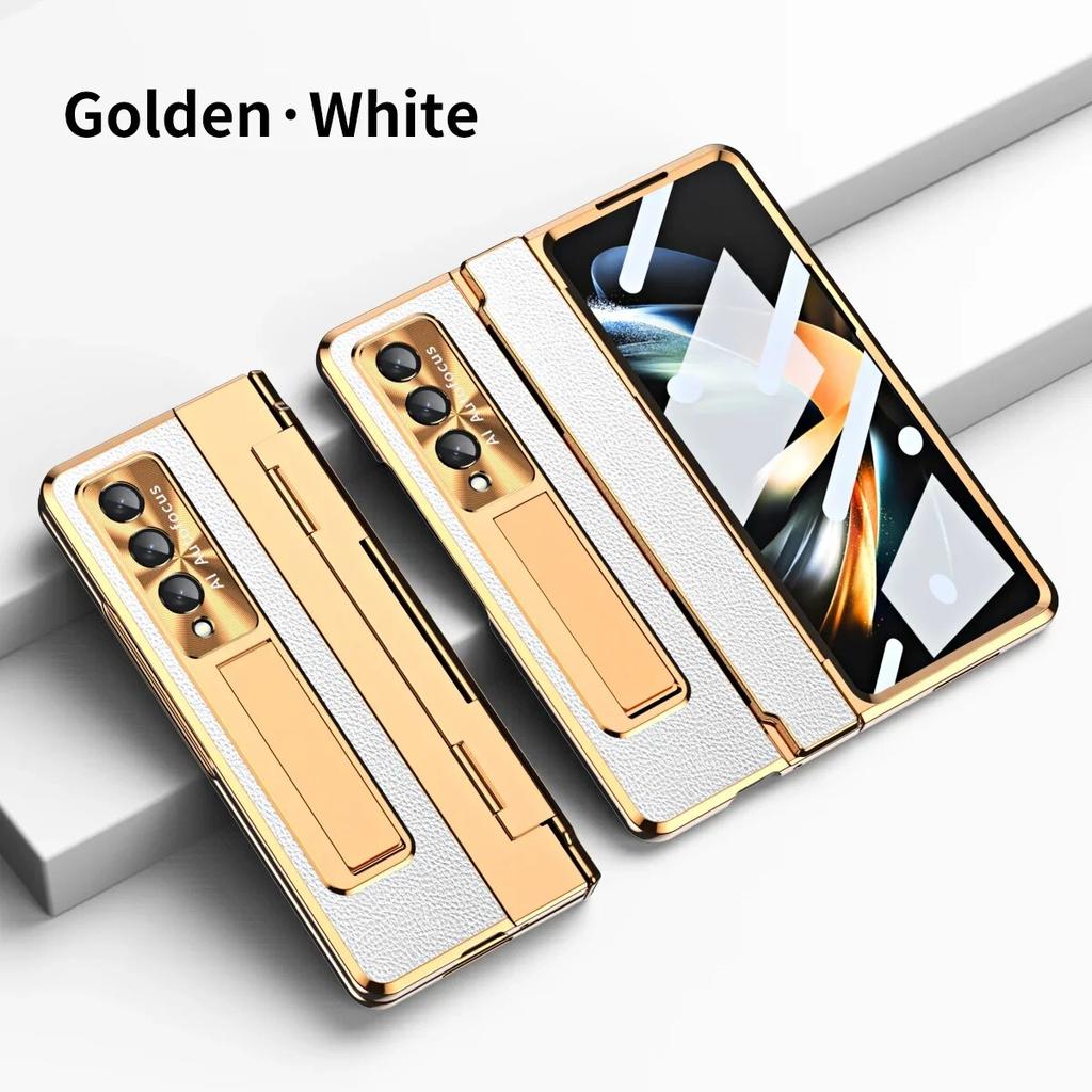 Простой кожаный чехол с уплощающимися шарнирами для Samsung Galaxy Z Fold 5 4 3 5G, чехол с закаленным стеклом для Z Fold4 Fold3, чехол