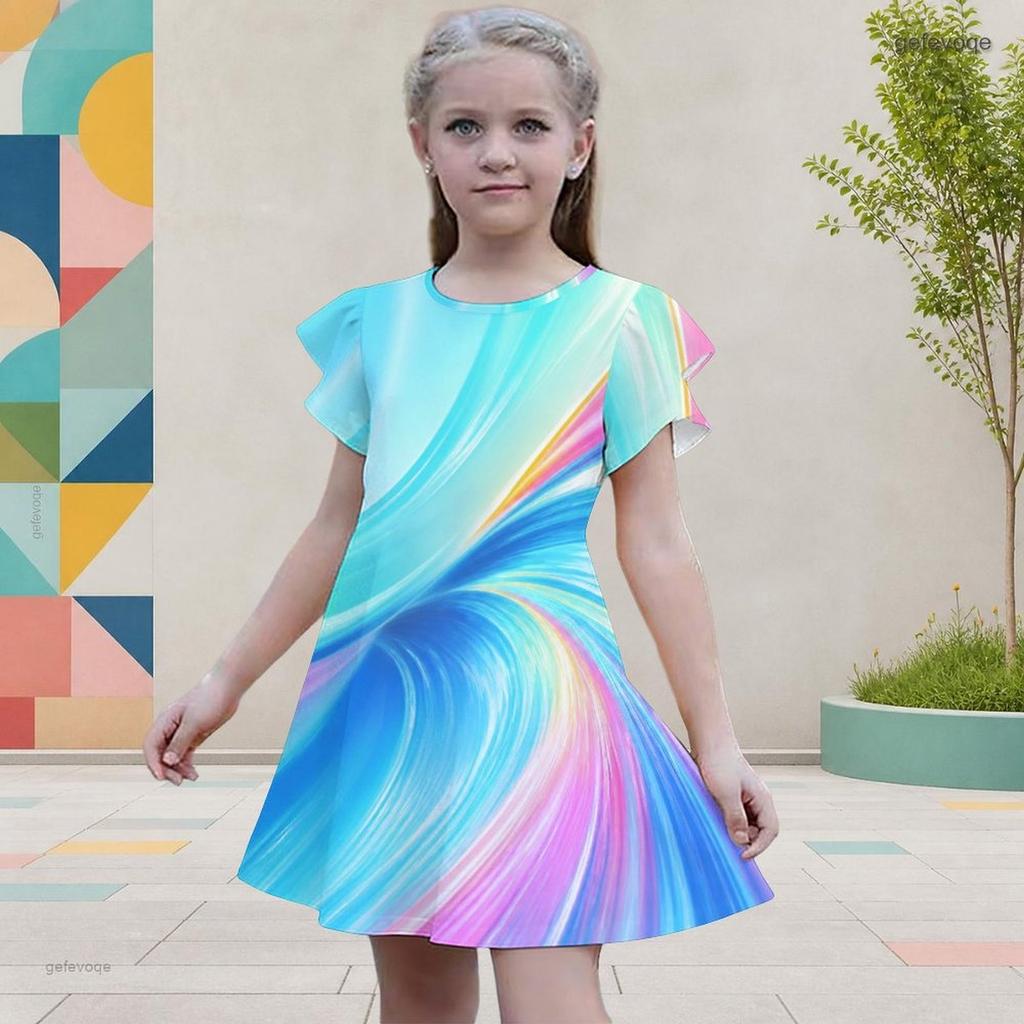 Girls Round Neck Flutter Sleeve Colorful Gradient Printed A Line Flared Dress