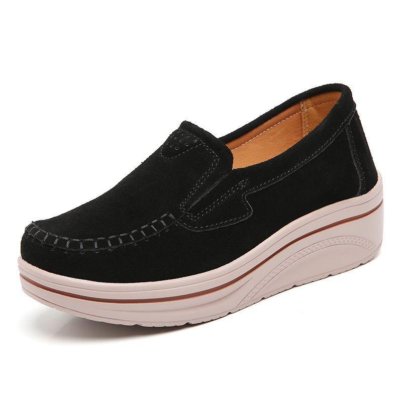 Leather Women's Shoes Autumn Big Handmade Rocking Shoes Wedge Heel Casual Shoes Women's Single Shoes