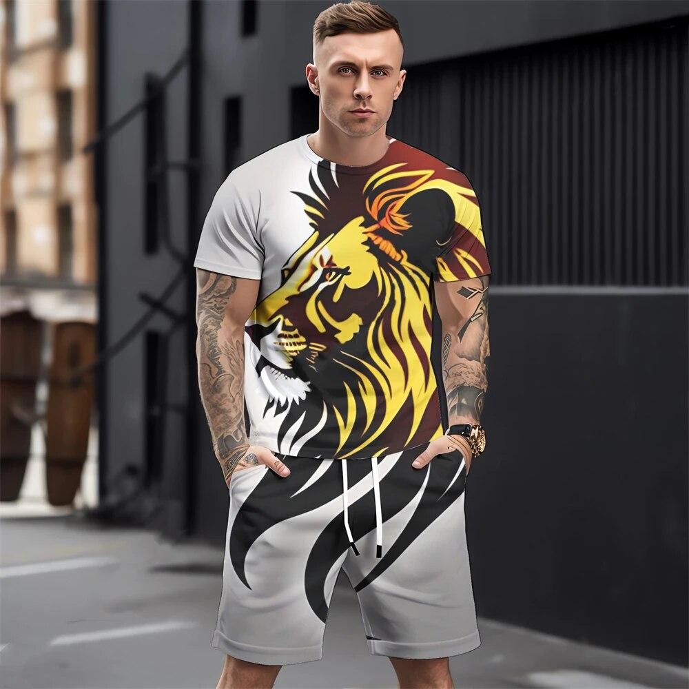 Летние мужские комплекты футболок, модная одежда с 3D принтом животных, необходимая одежда для мужчин, повседневный спортивный костюм, спортивный костюм из двух предметов для бега, спортзала