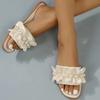 Женские шлепанцы с декором из искусственного жемчуга, сандалии с отделкой с рюшами, износостойкие шлепанцы на плоской подошве с открытым носком, летние песчаные пляжные сандалии, женская обувь