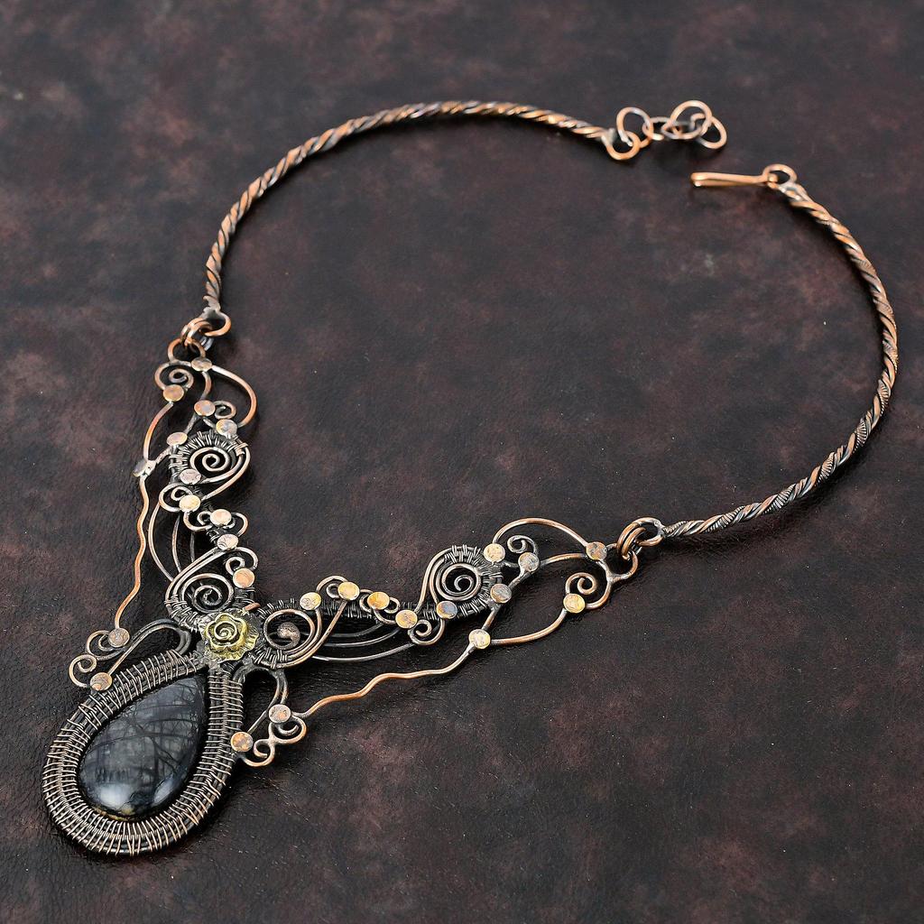 Ожерелье из яшмы Пикассо, ожерелье из медной проволоки, регулируемое ожерелье, ювелирные изделия из медной проволоки, ожерелье с драгоценными камнями, свадебный подарок, ювелирные изделия ручной работы