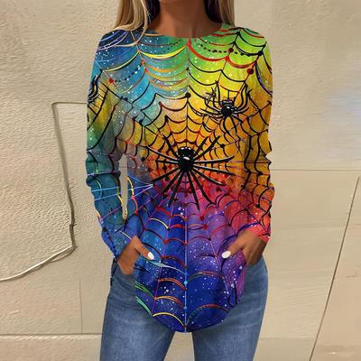 Женский свитер 2025 года с принтом ужасов на Хэллоуин, круглым вырезом, длинными рукавами, для вечеринок, на осень, с 3D-принтом и разноцветной паутиной