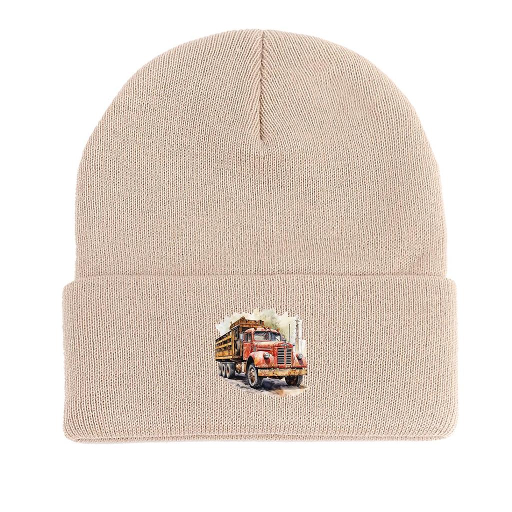 Vintage Pickup Truck Print Knit Cap Beanie, Skull Cap Windproof Fit Trendy Gorro Knitted Hat Beanie