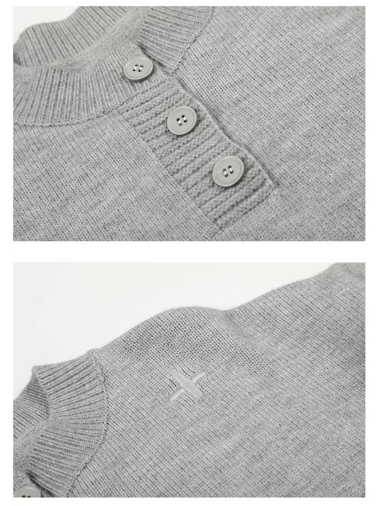 Men's Korean Style Grey Henley Knit Sweater, Long-Sleeve, Round Neck, Winter 2026 Edition