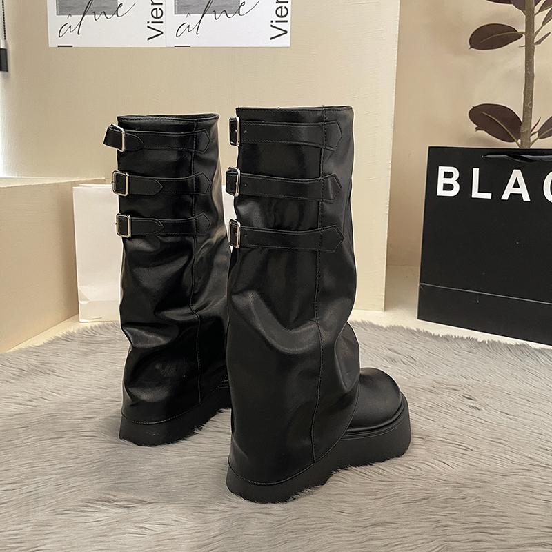 Vintage Women Western Knee-High Boots Fashion Round Toe Shoes Autumn Winter Platform Flats Women's Knight Long Booties