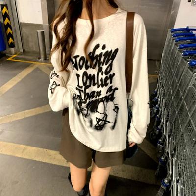 VAYLA Винтажные футболки с графикой Женские Y2k Уличная одежда Корейский стиль Хиппи Гранж Оверсайз Хлопковые футболки Белый Топ с длинным рукавом