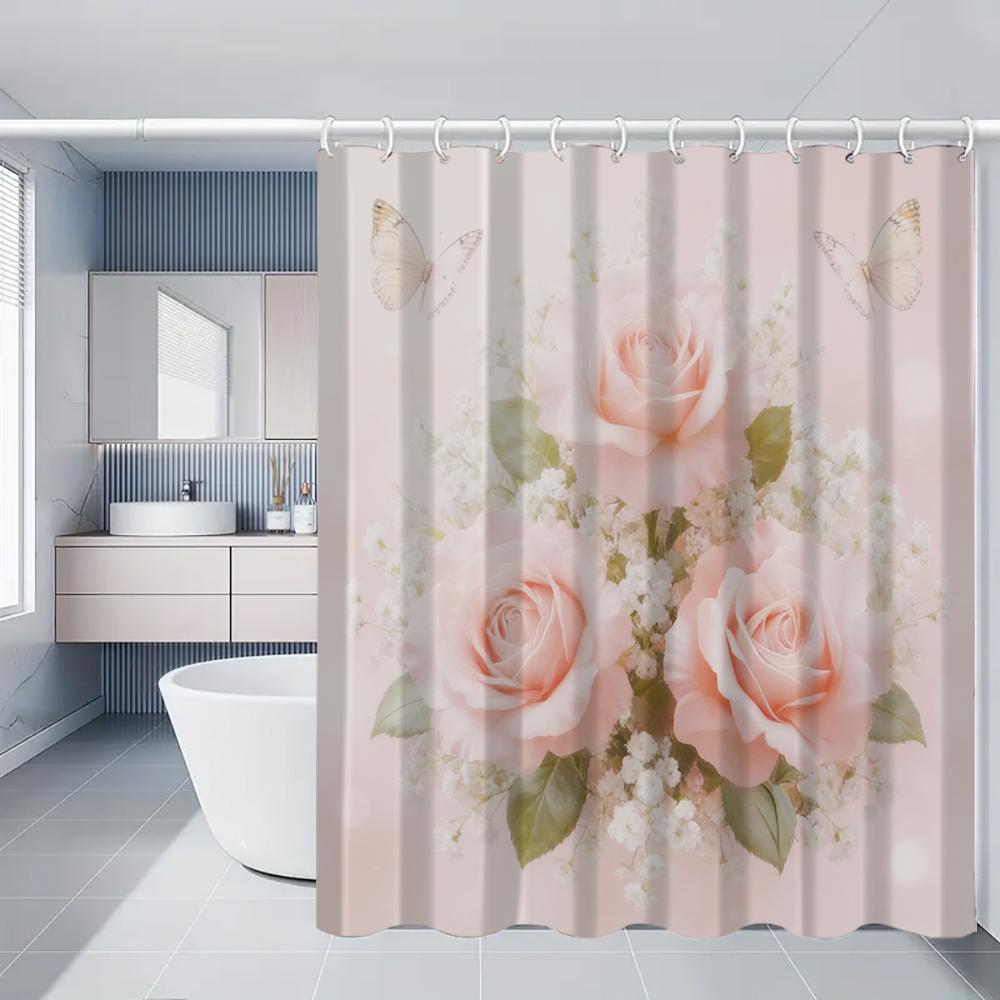 Pink Rose Shower Curtain Set With Toilet Lid Cover And Bath Mat 70.8x70.8 Inches Bathroom Decor