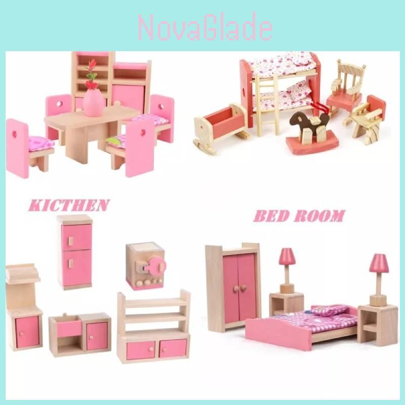 Complete Wooden Dollhouse Furniture Collection With Realistic Kitchen Bathroom And Living Room Pieces
