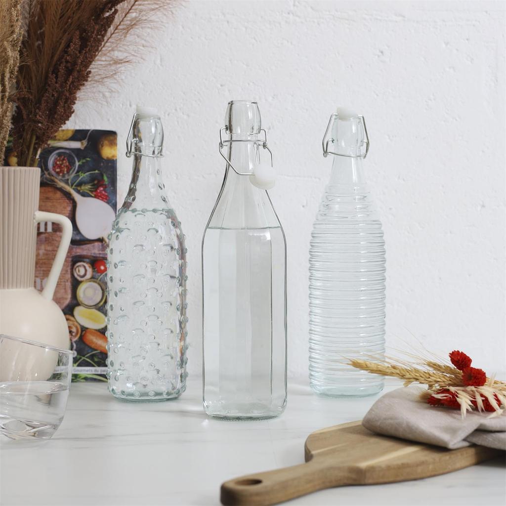 1L Glass Bottle, Smooth Design, With Clip-On Cap