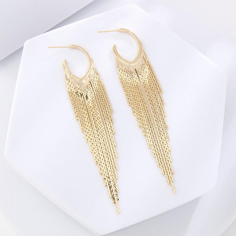 Длинные серьги-кисточки в форме серебряной иглы с геометрическим узором в форме буквы С — преувеличенная металлическая мода для женщин