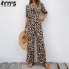Women's Fashion Casual Summer Spring Leopard Print Short Sleeve O-Neck High Waist Trousers Jumpsuits & Rompers
