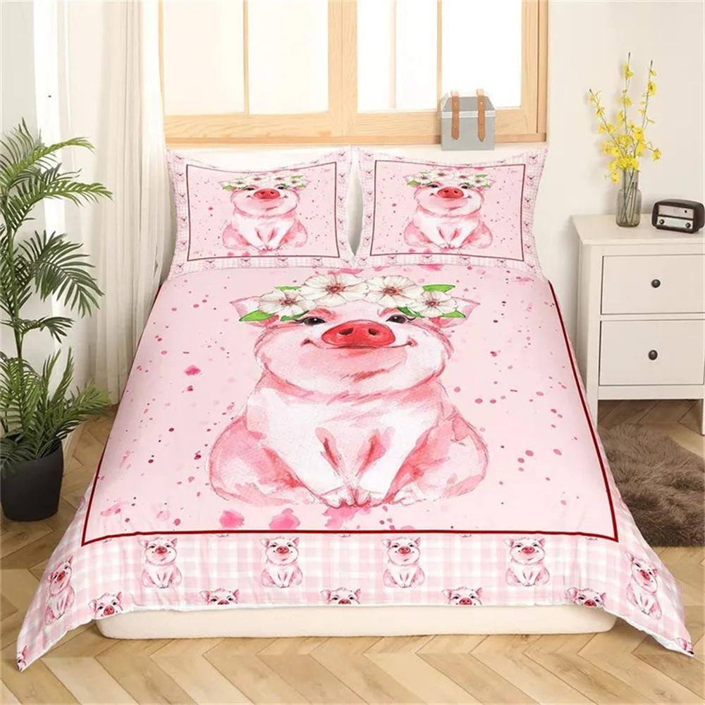 Cartoon Lovely Pig Duvet Cover Kawaii Animals Bedding Collection King Microfiber Farmhouse Wildlife Theme Comforter Cover Pillowcases