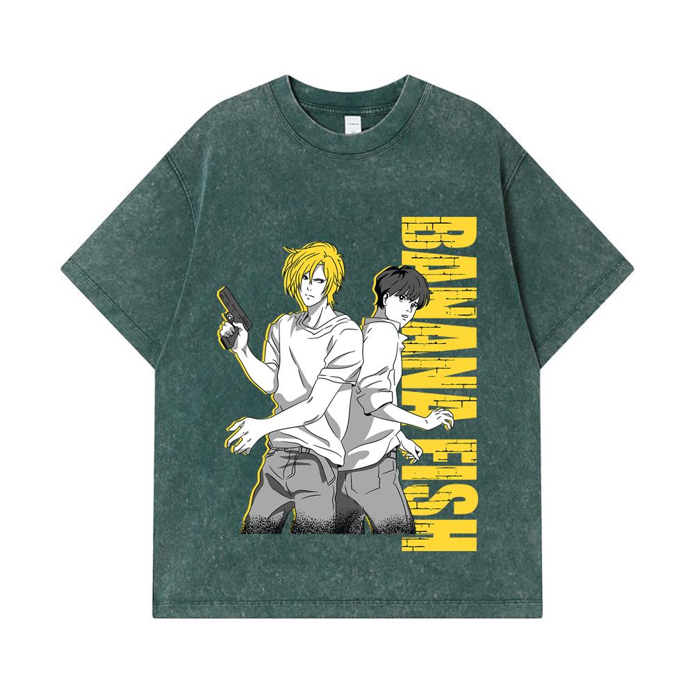 Стиранные футболки 275 г/м² 100% Хлопок Печать Banana Fish V1 Унисекс Тяжелая хлопковая футболка