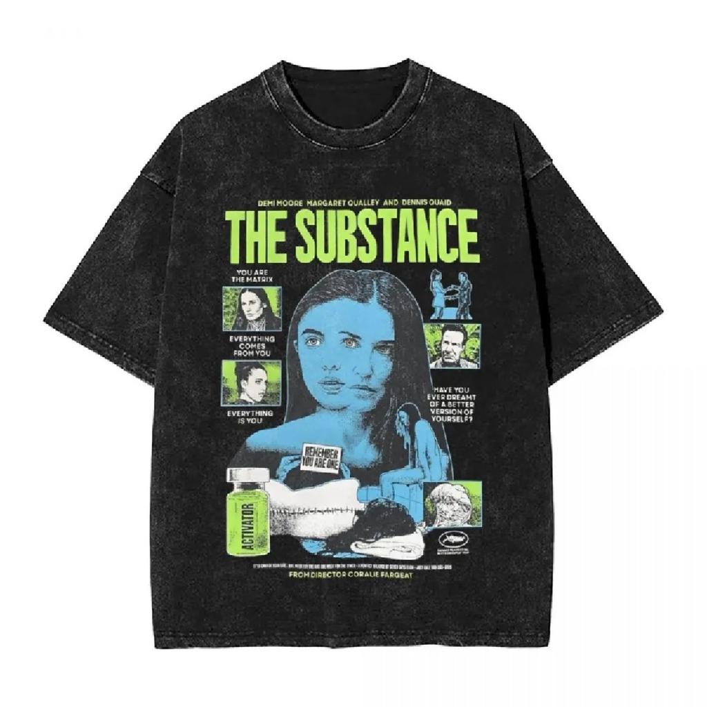 Men T Shirt The Substance Horror Movie Washed T Shirts Novelty Summer Tees Y2K Fun Print Cotton Tops New Arrival