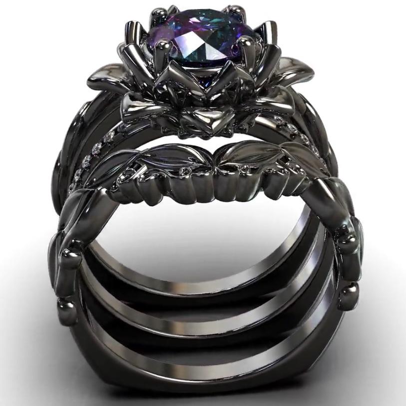 Комплект из трех колец-стеков Three Heroes Zircon Rose Gun Black - Женское трио