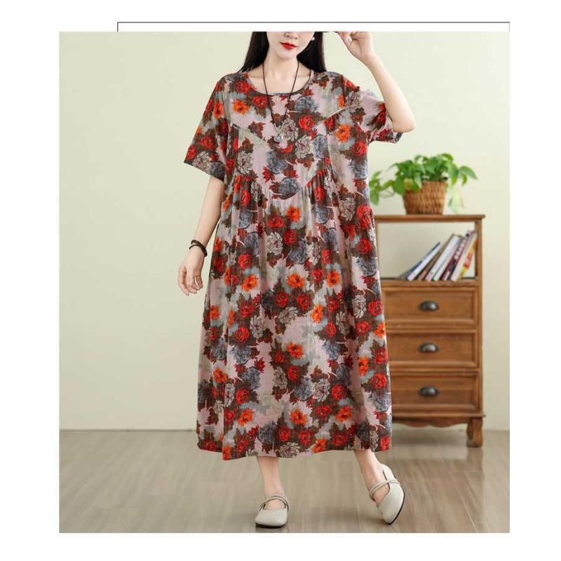 Платье в стиле ретро из хлопка и льна с круглым вырезом и короткими рукавами, женская свободная юбка