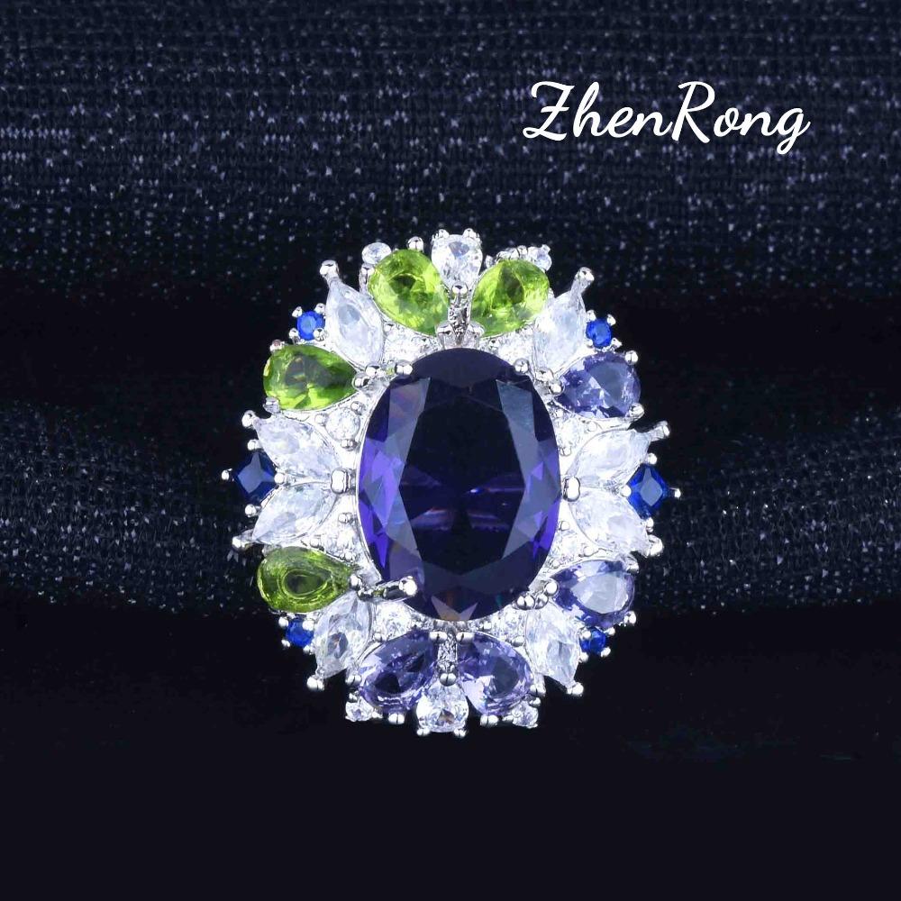 Luxury Women Jewelry Set Purple Zircon Pendant Adjustable Ring Gemstone Earrings Necklace Fashion Accessory