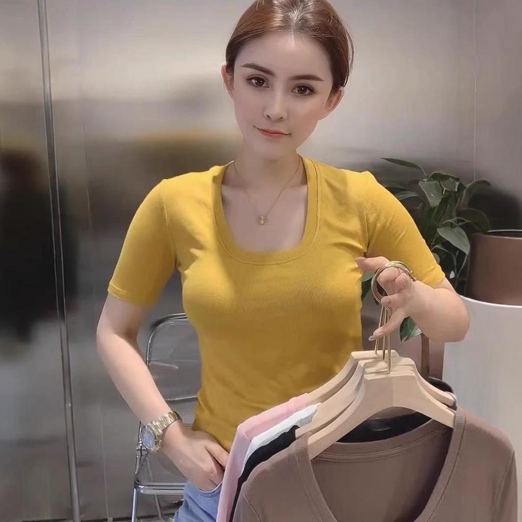 Футболка облегающего кроя розового цвета в корейском стиле 2025 года: Девять цветов, овальный воротник, короткие рукава, универсальный, прошитый хлопок для чистого желания