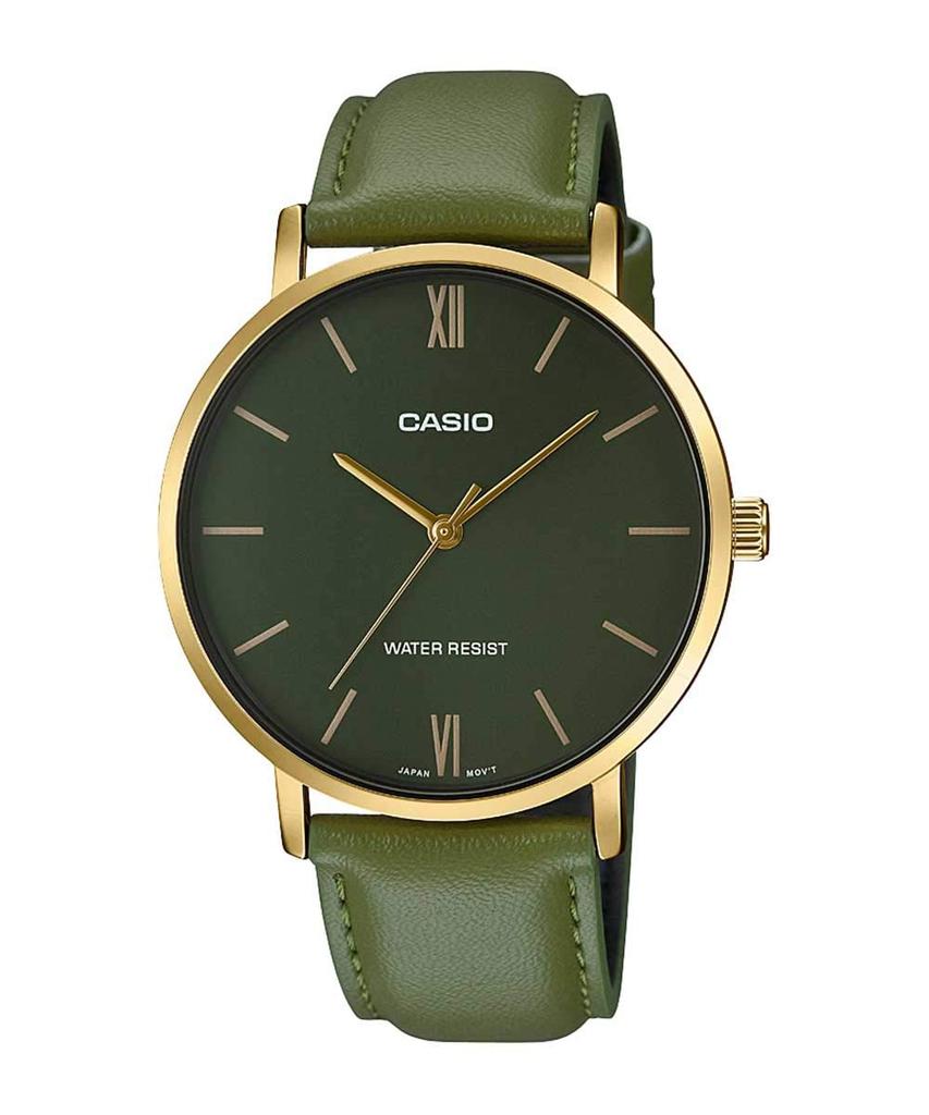 Casio MTP-VT01GL-3B Men's Minimalistic Gold Tone Green Leather Band Green Dial 3-Hand Analog Watch