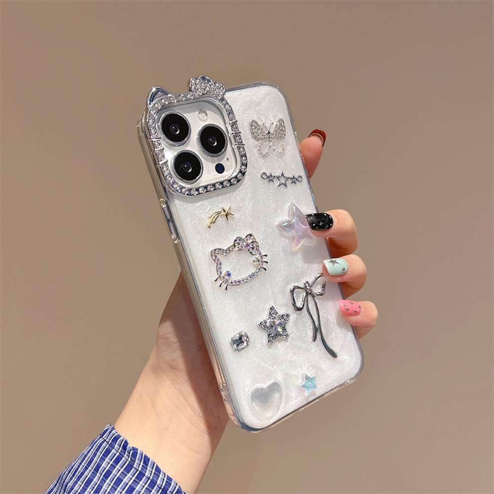 Cute Kitty Luxury Rhinestone Anti-Fingerprint Silicone Phone Cases for 17 Pro Max 16 15 14 13 Bling Sparkly Glitter Soft