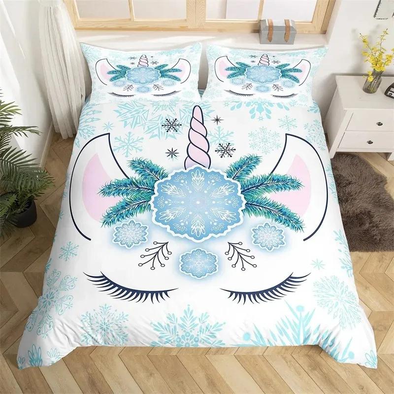 Cartoon Unicorn Duvet Cover Twin King Smiling Eyelash Rainbow Bedding Set For Kids Girls Microfiber Magical Animal Quilt Cover