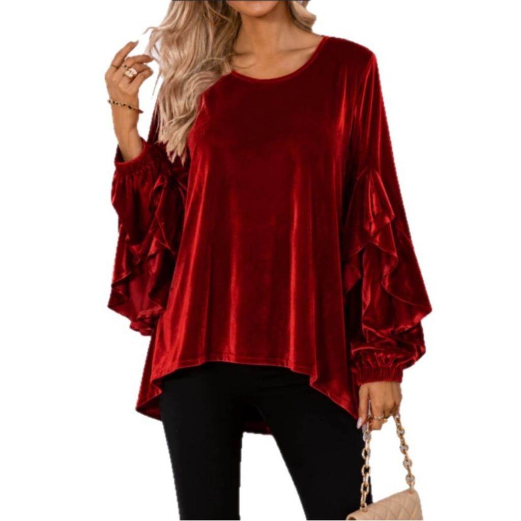 Spring Fall Women Velvet Long Sleeve Ruffle Casual Blouse Top