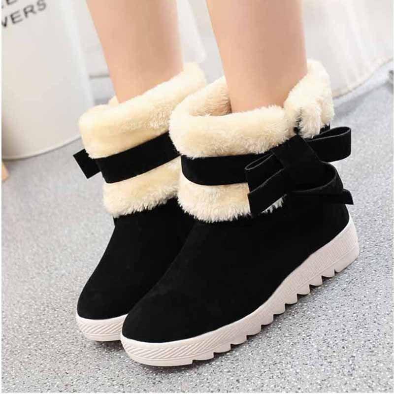 Women's Winter Boots Warm Fur Lined Casual Ankle Shoes With Sweet Bow Flats