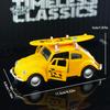 Vintage 1:32 Yellow Beetle Diecast Car With Surfboard Retro Pull-Back Model Toy Open Doors Collectible For Kids  Car Fans