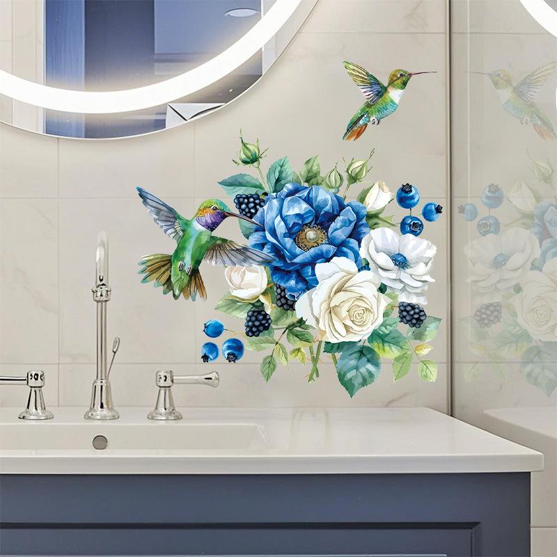 Hummingbird Rose Wall Stickers Waterproof Vinyl Flowers Decals for Bathroom Tiles Washbasin Mirror Peel & Stick Home Decor Floral Bird Art