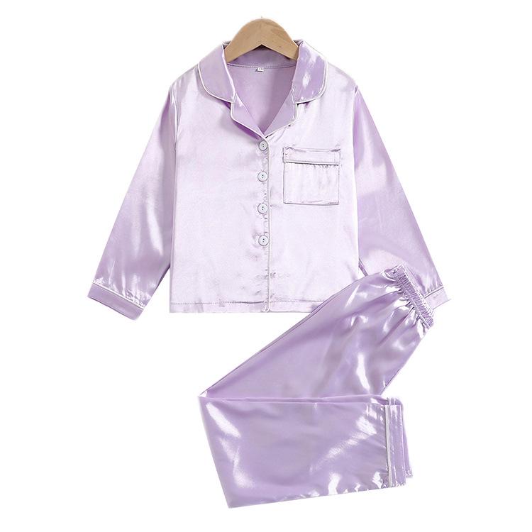 Детский пижамный комплект из атласного шелка Ice Silk - однотонный, с длинными рукавами, легкий, из двух частей для девочек