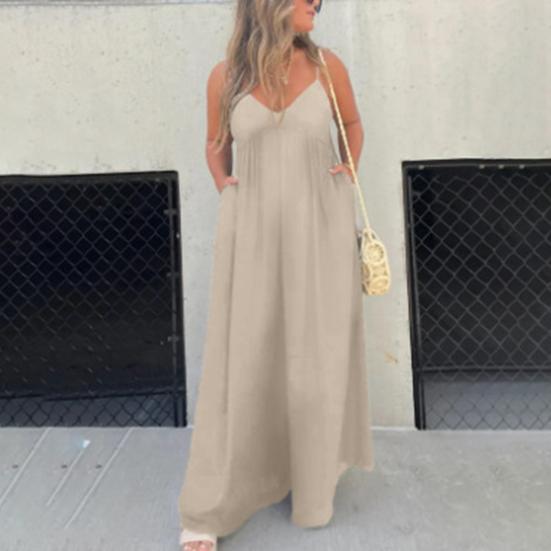 Women Jumpsuit Deep V Neck Backless Wide Pure Leg Loose Sleeveless Color Pleated Spaghetti Strap Casual Vacation Beach