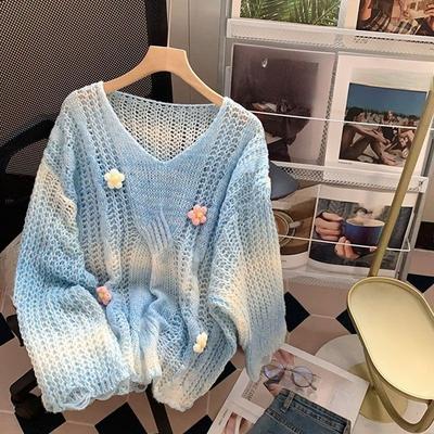 Женский 3D свитер с цветочным градиентом, милый, женственный, свободный, вязаный, модный, удобный женский пуловер, топ