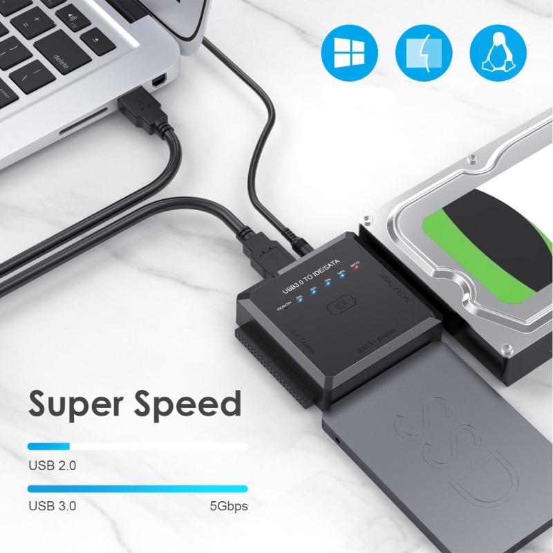Многофункциональный адаптер интерфейсов жесткого диска, USB 3.0 к SATAs/IDE для 2,5"/3,5" дисков с функцией резервного копирования в одно касание, адаптер питания в комплекте