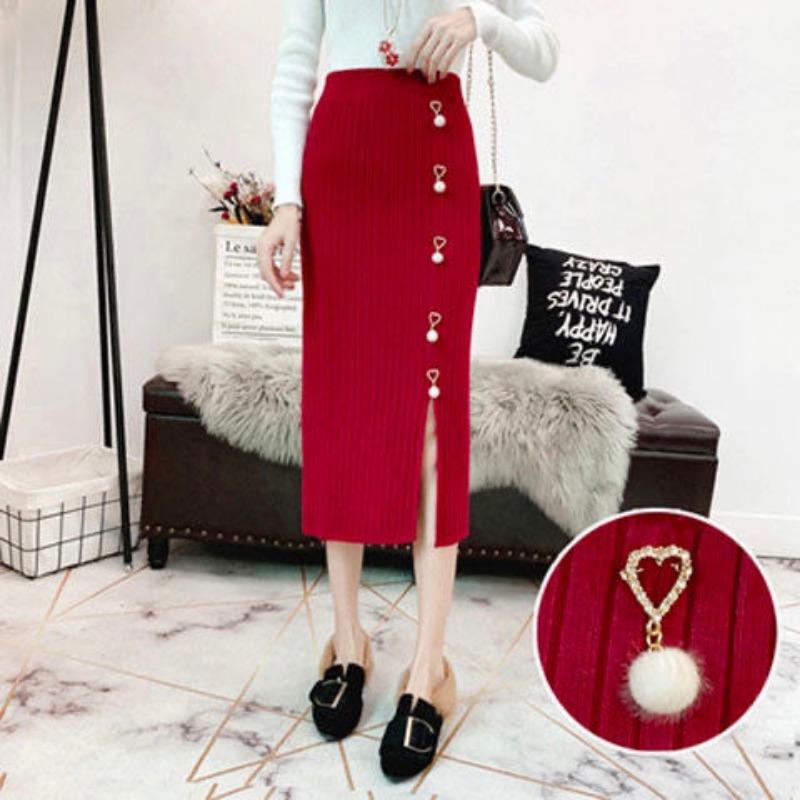 Вязаная облегающая женская весенне-осенняя юбка-карандаш с разрезом, универсальная миди-юбка