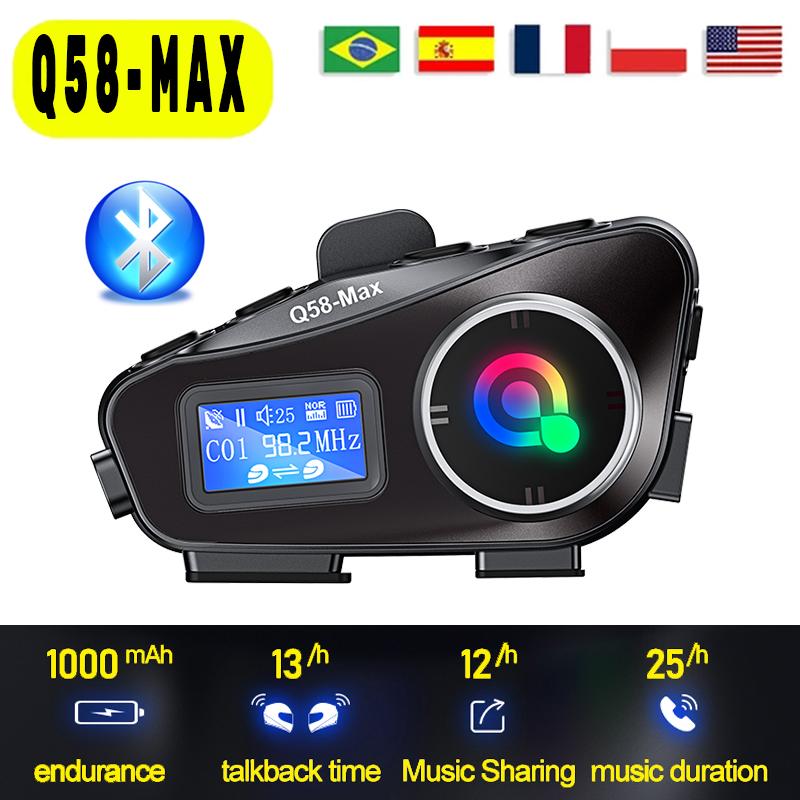 Q58-MAX Мотоциклетный шлем Гарнитура Bluetooth Светодиодная подсветка Двойная 500 м IP65 Водонепроницаемая Стерео FM-радио Интерком
