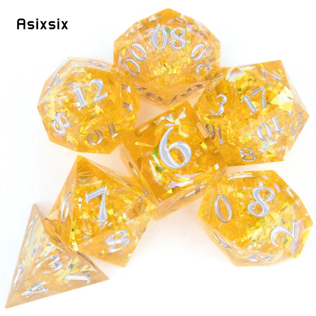 7 шт. желтая смола, белый номер, игральные кости с острыми краями, многогранные кубики, подходящие для ролевых ролевых игр, настольная игра
