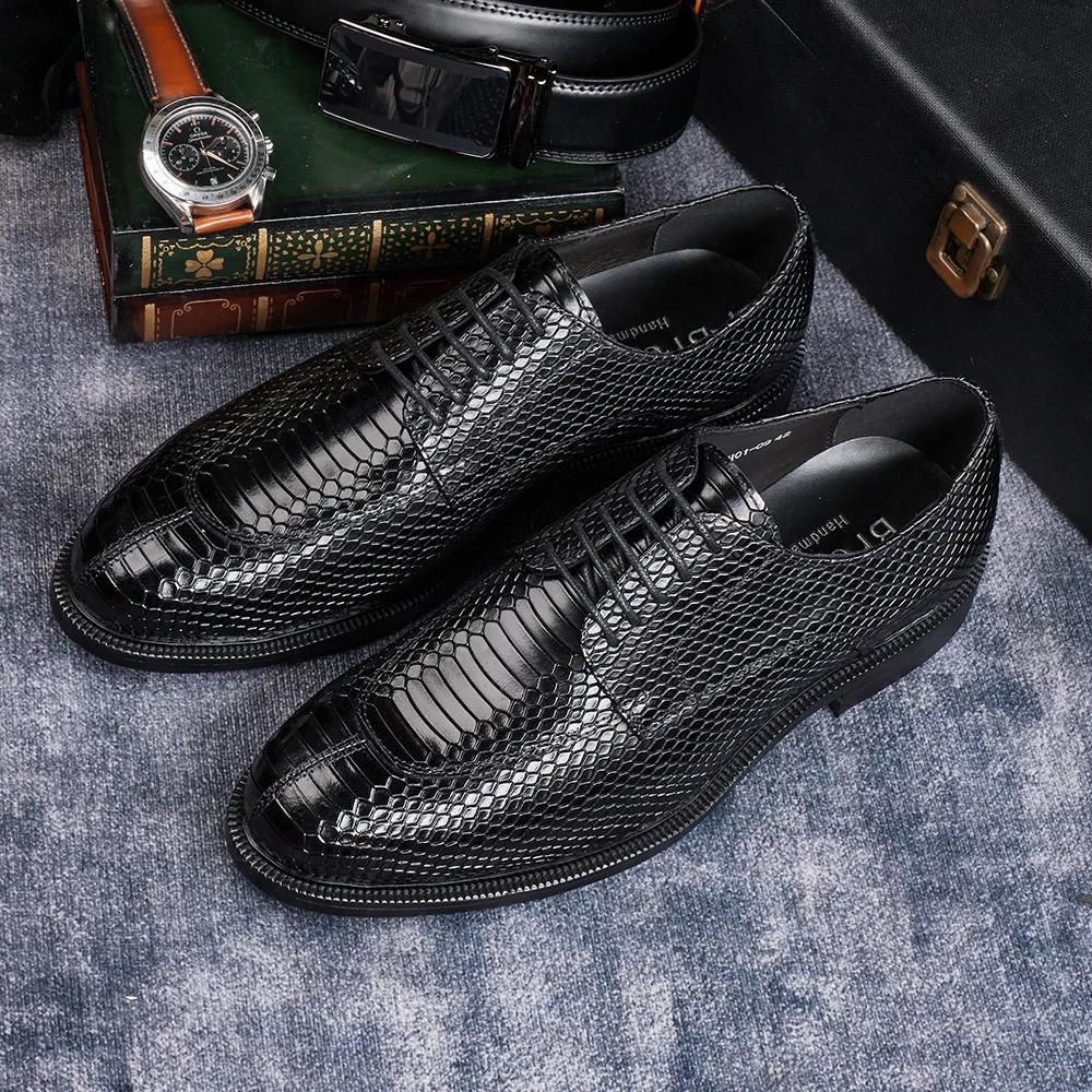 Fashion Men's British Style Genuine Leather Python Pattern Wedding Shoes Business Formal Dress Shoes