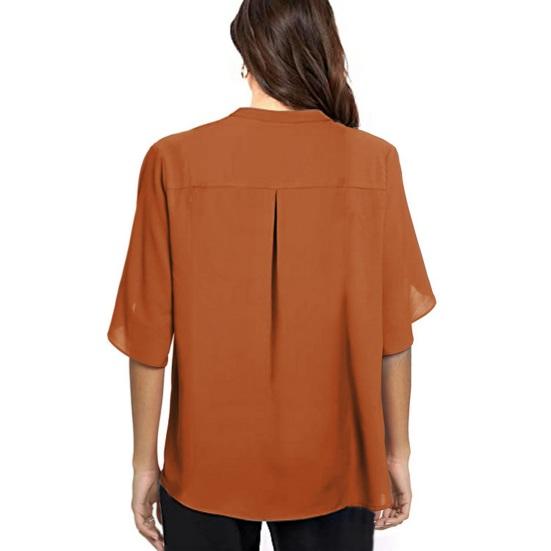 Yousheng Women Tops V-Neck Button Decor Half Sleeve Chiffon Blouse Solid Color Loose Fit Breathable Shirt Tops Daily Wear