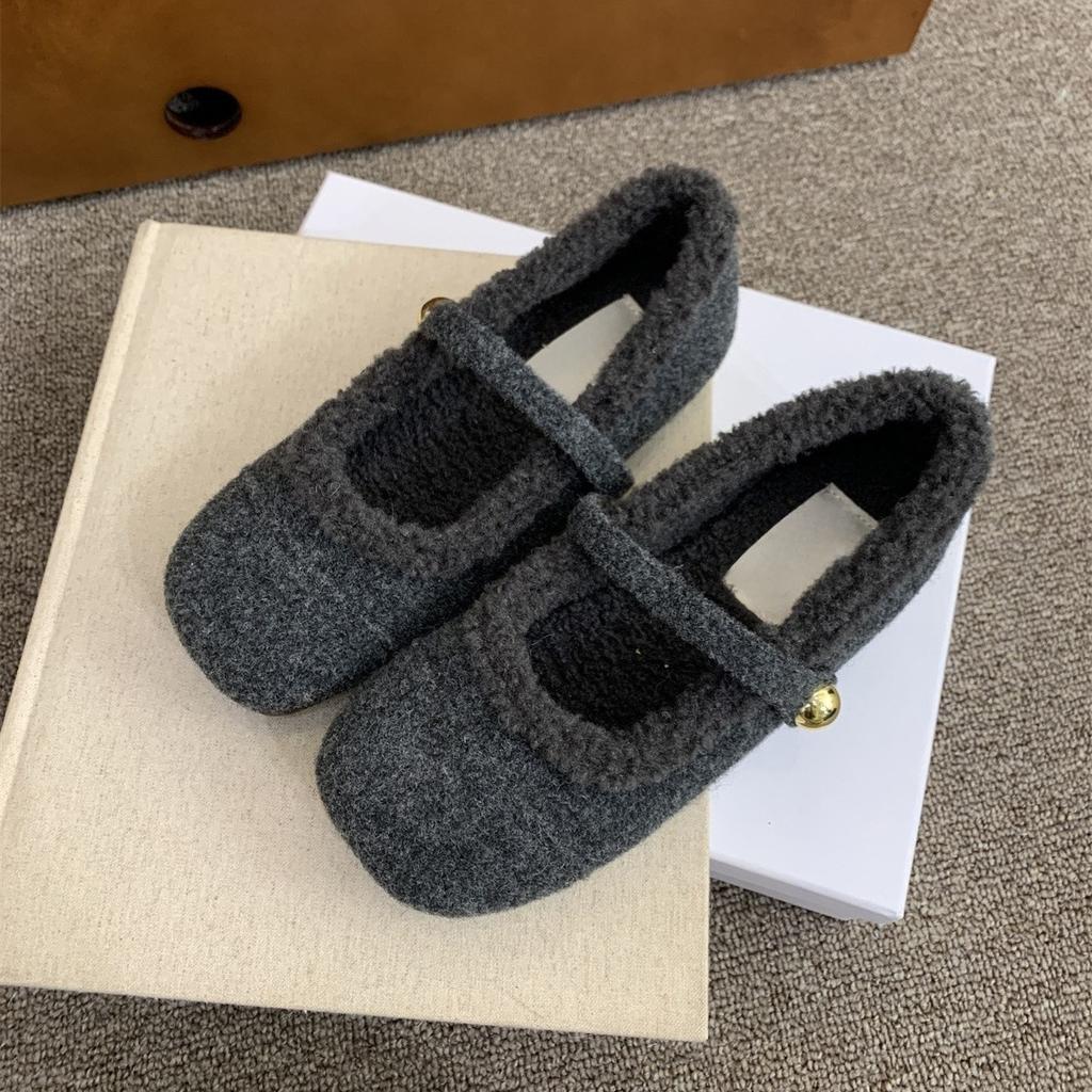 Gray Mary Jane Mao Mao shoes for winter wear Korean version of gentle ballet fairy style soft flat-bottomed velvet cotton shoes