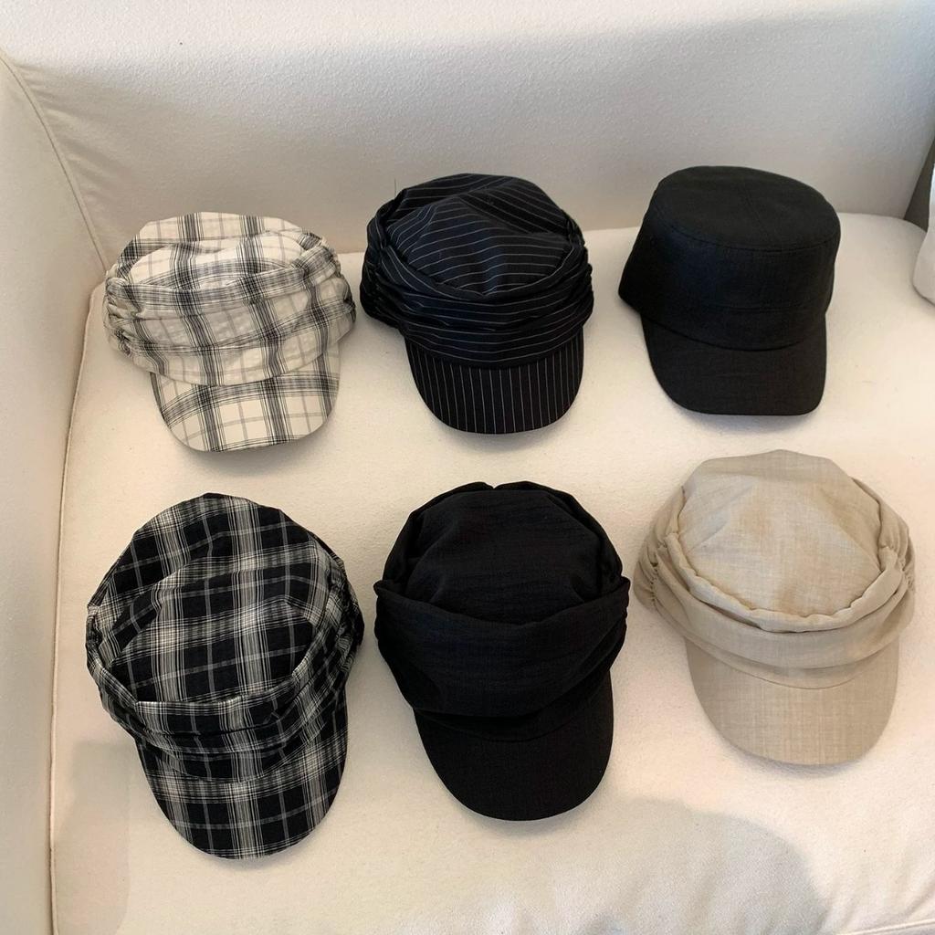Pleated Pile Cap, Plaid Solid Color Casual Newsboy Hat, Simple and Versatile Short-brimmed Visor for Women
