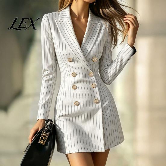 Women Work Dress Striped Blazer for Fall, Double-breasted Lapel Collar Mini Dress, Slim Fit Cinched Waist Above Knee Short