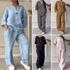 2 Pcs/Set Blouse Pants Set V Neck Long Sleeves Button Decor Top Wide Leg Loose Drawstring Elastic Waist Trousers OL Commute Casual Homewear Outfit