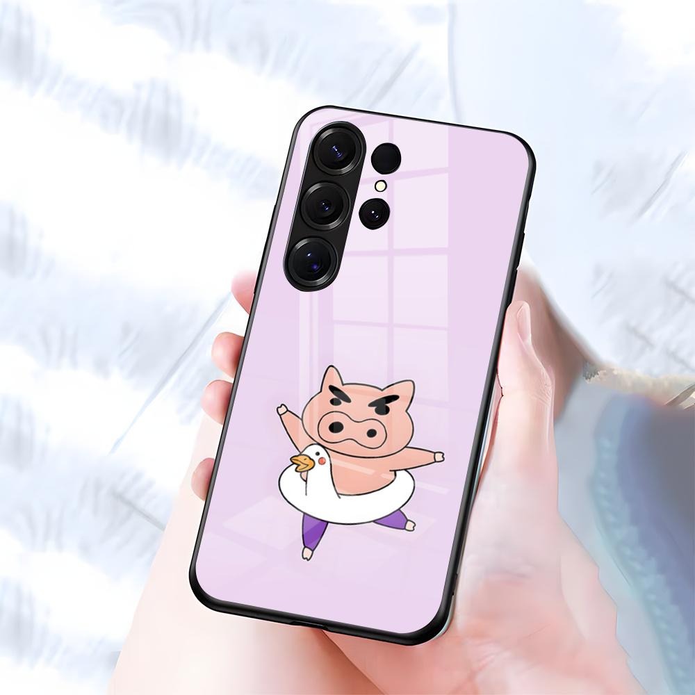 Чехол для телефона Buriburizaemon Pig для Samsung S26 S25 S24 FE S23 S22 S21 Plus S20 Ultra Note20Ultra Черная стеклянная крышка