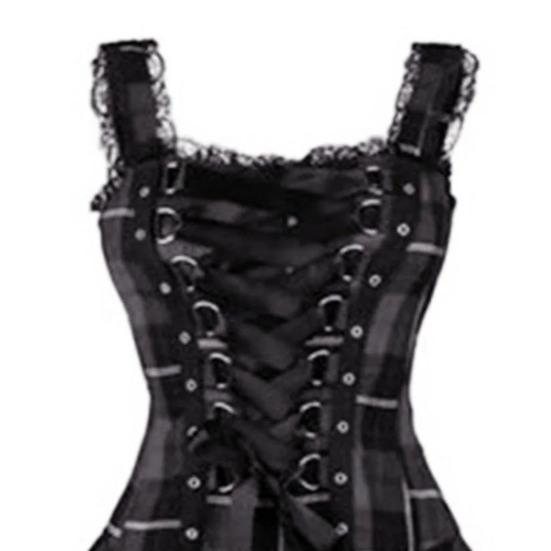 Steampunk Mini Medieval Dress for Women Plaid Renaissance Corset Lace Trim