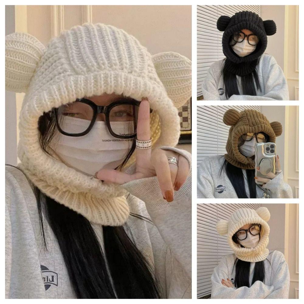 Bear Ear Knitted Hooded Beanie Hat Solid Color Pullover Hat Kawaii Balaclava Hat Female/Girls