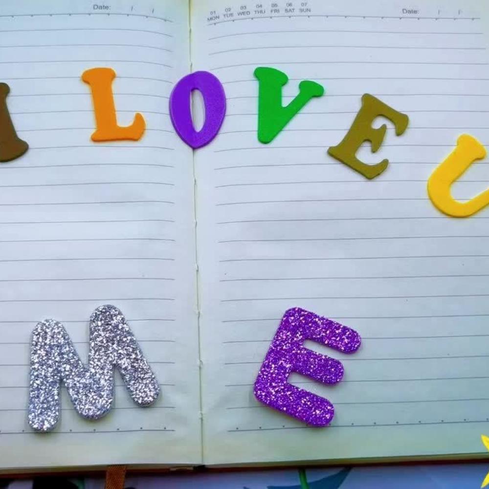 52pcs Glossy Alphabet Stickers, Self-Adhesive Foam Letters, Glitter Star And Heart Design, Plastic, Irregular Shape, Disposable