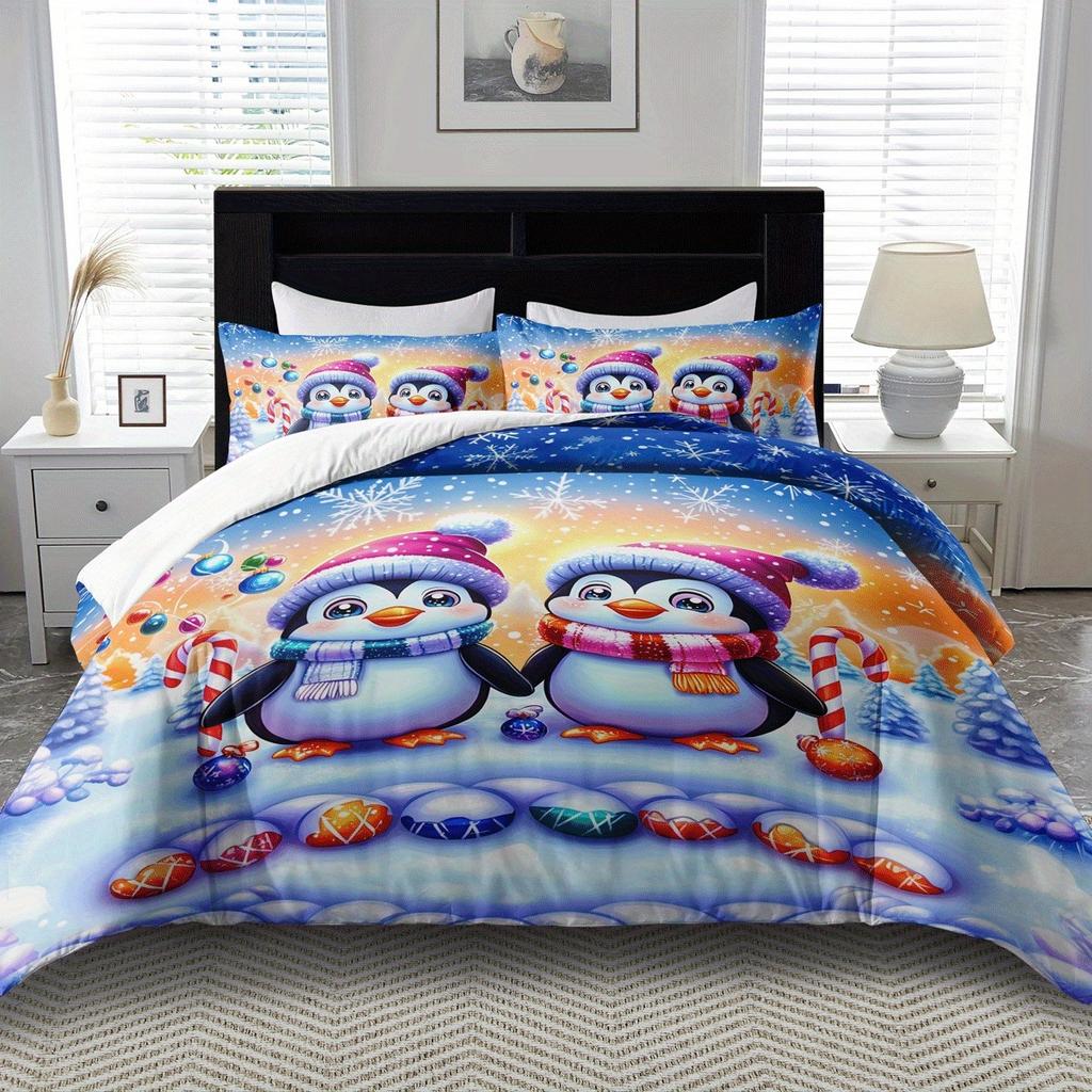 Penguin Theme Down Comforter Cover Set - 2/3pcs Soft Comfortable Breathable Christmas Gift Bedding Set Christmas Animal Print