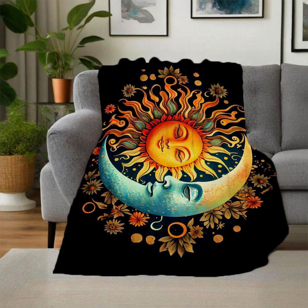 "Sun & Moon Harmony Art Print - Celestial Floral Decor"Blanket Flannel Throw Blanket for Sofa, Bed, Travel, Camping, Office, Couch, Chair, A